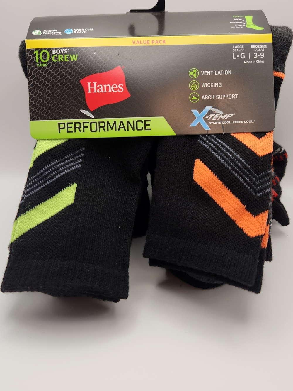 Hanes Performance Boys' Crew Socks - Black with Lime & Orange Accents